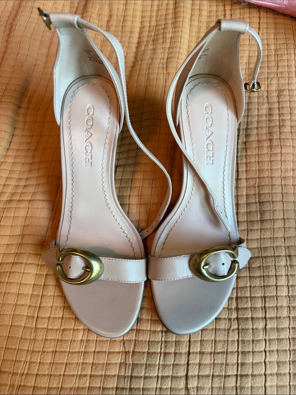 COACH Nude Leather Open-Toe Ankle-Strap Heels with Gold Buckle Detail